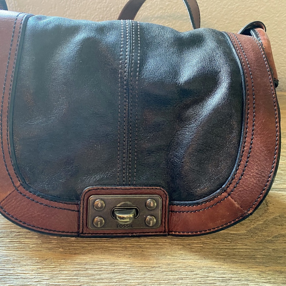 Fossil Black and Brown Leather Shoulder Bag
